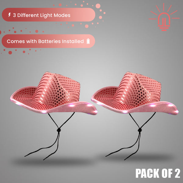 LED Light Up Flashing Pink Cowboy Hat With Sequins - Pack of 2