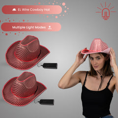 LED Flashing Pink EL Wire Sequin Cowboy Party Hat - Pack of 2 Hats