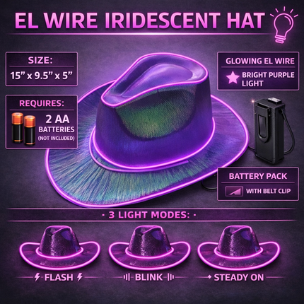EL WIRE Light Up Iridescent Space Purple Cowboy Hat