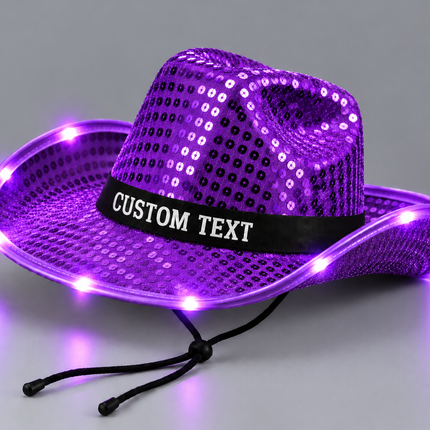 Purple LED sequin cowboy hat with custom text 
