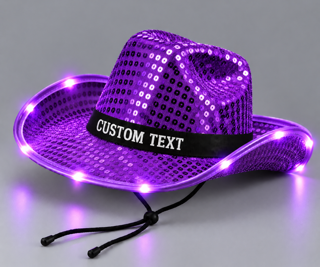 Purple LED sequin cowboy hat with custom text 