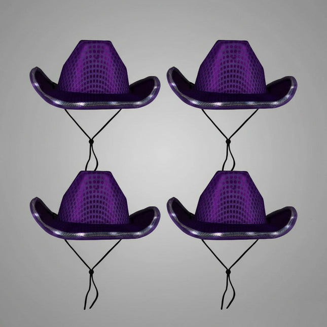 LED Light Up Flashing Sequin Purple Cowboy Hat - Pack of 4 Hats