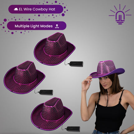 LED Flashing EL Wire Purple Sequin Cowboy Party Hat - Pack of 3 Hats
