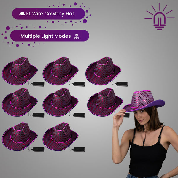Purple LED Flashing EL Wire Sequin Cowboy Party Hat - Pack of 24 Hats