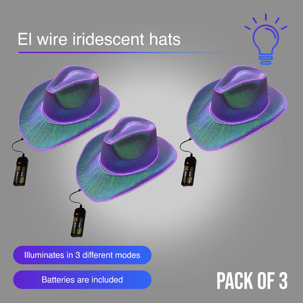 EL WIRE Light Up Iridescent Space Purple Cowboy Hat - Pack of 3 Hats