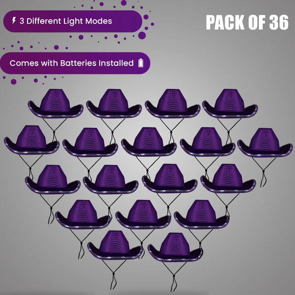 LED Light Up Flashing Sequin Purple Cowboy Hat - Pack of 36 Hats