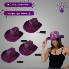 LED Flashing Purple EL Wire Sequin Cowboy Party Hat - Pack of 4 Hats