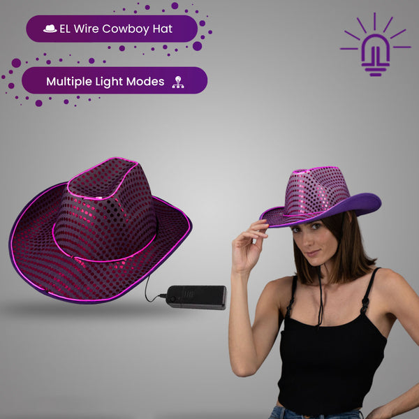 Purple LED Flashing EL Wire Glow Sequin Cowboy Party Hat