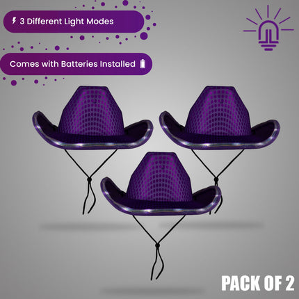 LED Light Up Flashing Sequin Purple Cowboy Hat - Pack of 3 Hats