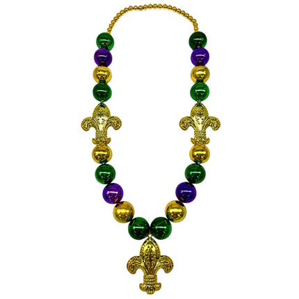Purple, Green & Gold Big Ball Beaded With Fleur de Lis Necklace