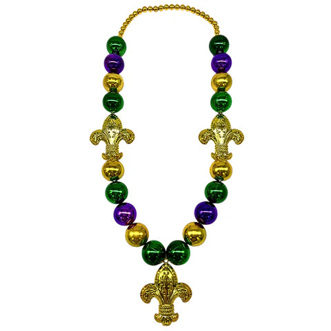 Purple, Green & Gold Big Ball Beaded With Fleur de Lis Necklace