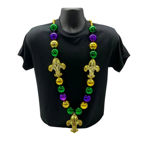 Purple, Green & Gold Big Ball Beads And Fleur de Lis Necklace