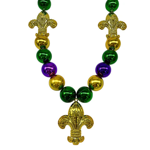 Purple, Green & Gold Big Ball Beads With Fleur de Lis Necklace