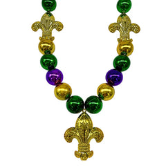 Purple, Green & Gold Big Ball Beads With Fleur de Lis Necklace