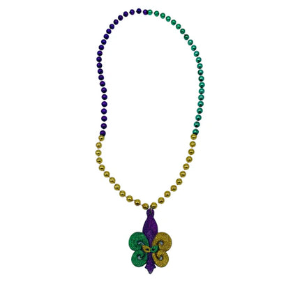 Purple, Green & Gold Glitter Fleur de Lis Mask 10mm Beads 36 Inches Necklace