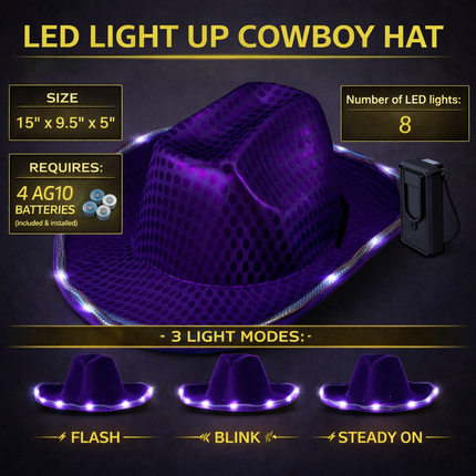 Purple LED Light Up Flashing Cowboy Hat With Sequins