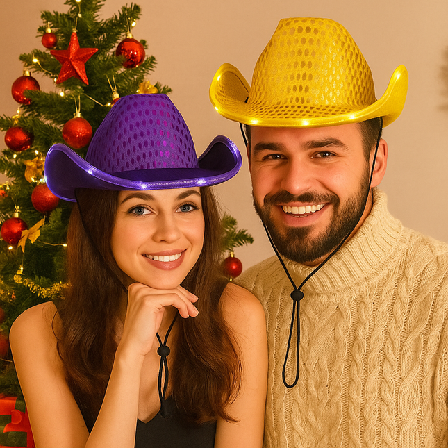 LED Light Up Flashing Sequin Purple & Gold Cowboy Hat - Pack of 2 Hats