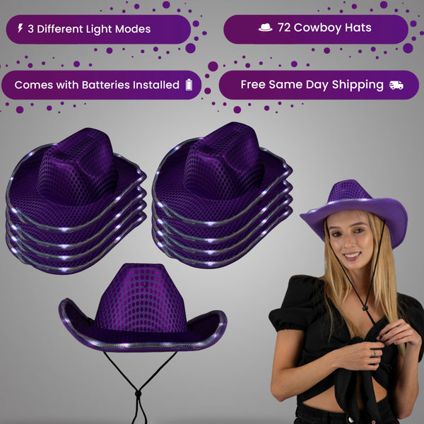 LED Light Up Flashing Sequin Purple Cowboy Hat - Pack of 72 Hats