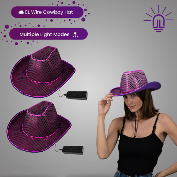LED Flashing Purple EL Wire Sequin Cowboy Party Hat - Pack of 2 Hats