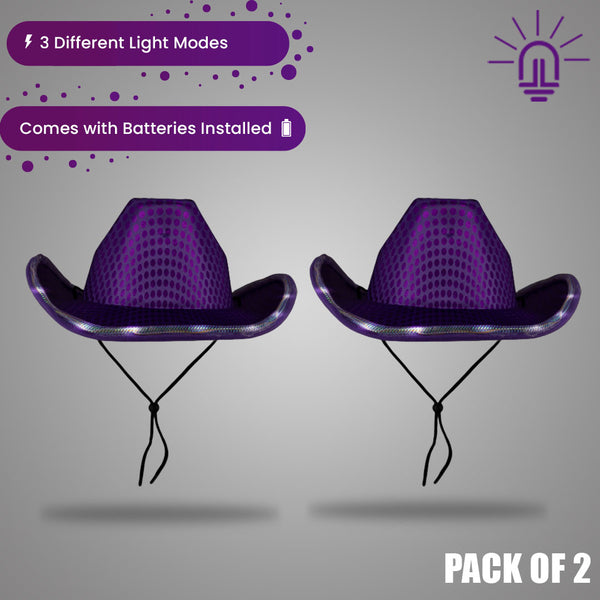 LED Flashing Purple Cowboy Hat With Sequins Pack of 2