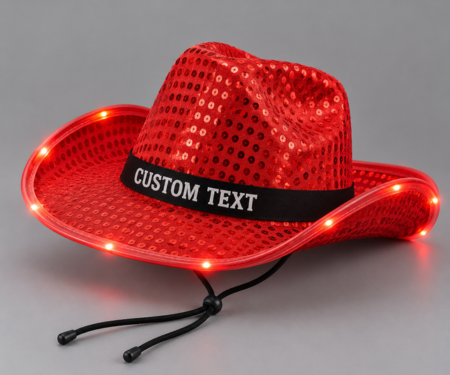 Red sequin LED cowboy hat with custom text 