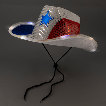 Patriotic LED Light Up Flashing Sequin Cowboy Hat - Red White & Blue Tri-Color