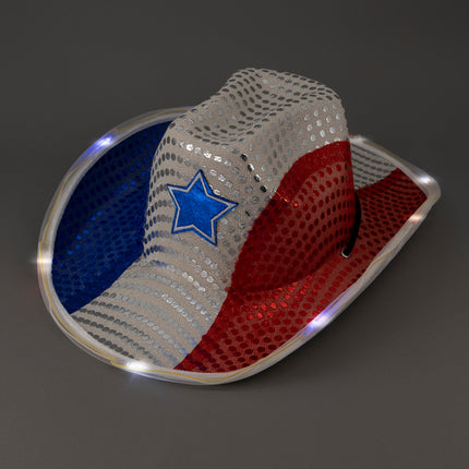 Patriotic LED Light Up Flashing Sequin Cowboy Hat - Red White & Blue Tri-Color