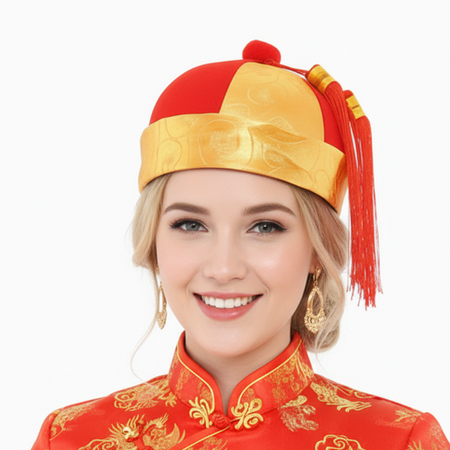 Red and gold Chinese Mandarin party hat with festive outfit