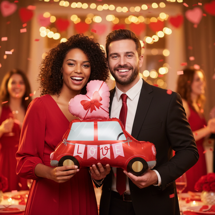 Couple with Love Car Balloon at Valentine's Party