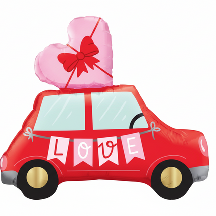 Red car-shaped balloon with a heart and 'LOVE' banner on a white background