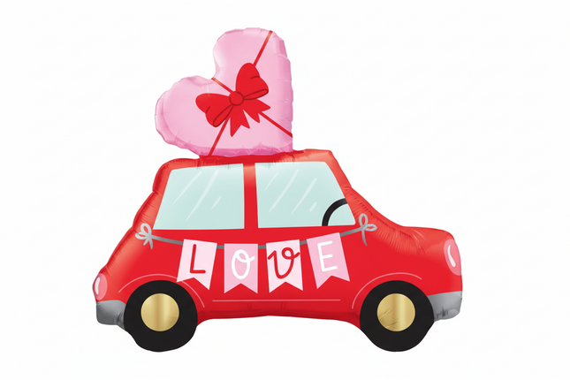 Red car-shaped balloon with a heart and 'LOVE' banner on a white background