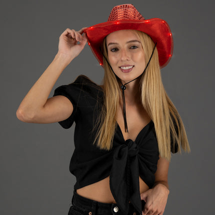 Red cowboy hat with sequins on a model