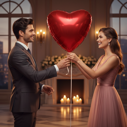Man Giving Red Satin Heart Balloon to Woman