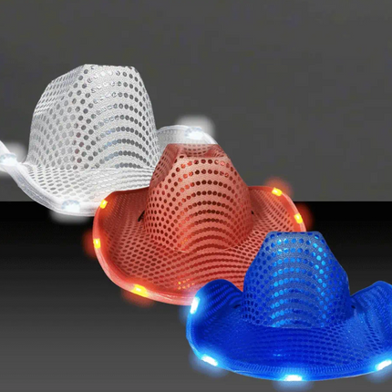 LED Light Up Flashing Patriotic Red White And Blue Sequin Cowboy Hats - Pack of 3