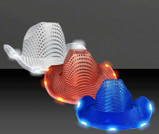 LED Light Up Flashing Patriotic Red White And Blue Sequin Cowboy Hats - Pack of 3