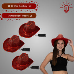 LED Flashing Red EL Wire Sequin Cowboy Party Hat - Pack of 3 Hats