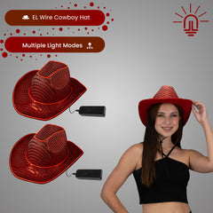 LED Flashing Red EL Wire Sequin Cowboy Party Hat - Pack of 2 Hats
