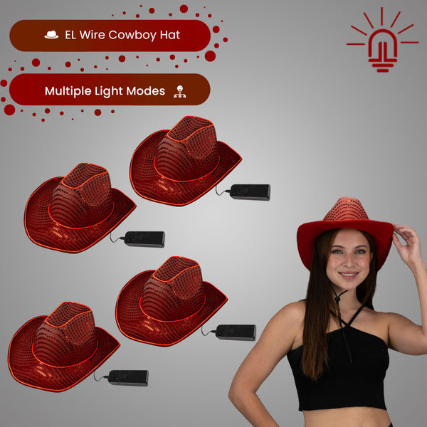 LED Flashing Neon Red EL Wire Sequin Cowboy Party Hat - Pack of 4 Hats
