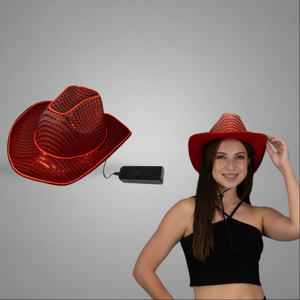 Red LED Flashing Glow El Wire Sequin Cowboy Hat | PartyGlowz