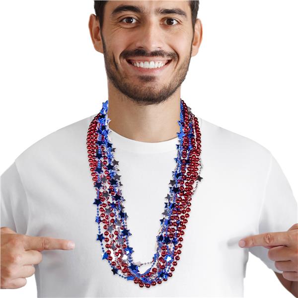 Red, Blue & Silver 33 Inch Bead Necklaces