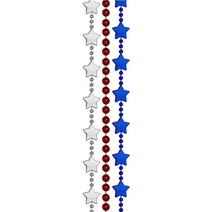 Red, Blue & Silver 33 Inch Bead Necklaces - Pack of 12