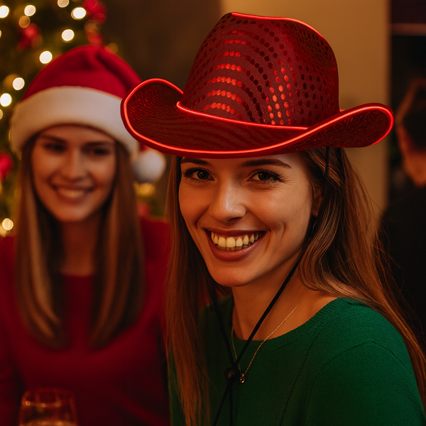 LED Flashing Red EL Wire Sequin Cowboy Party Hat - Pack of 2 Hats