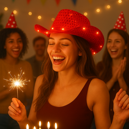 LED Light Up Flashing Sequin Red Cowboy Hat - Pack of 24 Hats