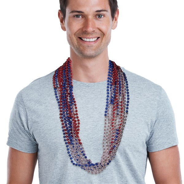 Red, Silver & Blue Bead 36 Inch Necklaces