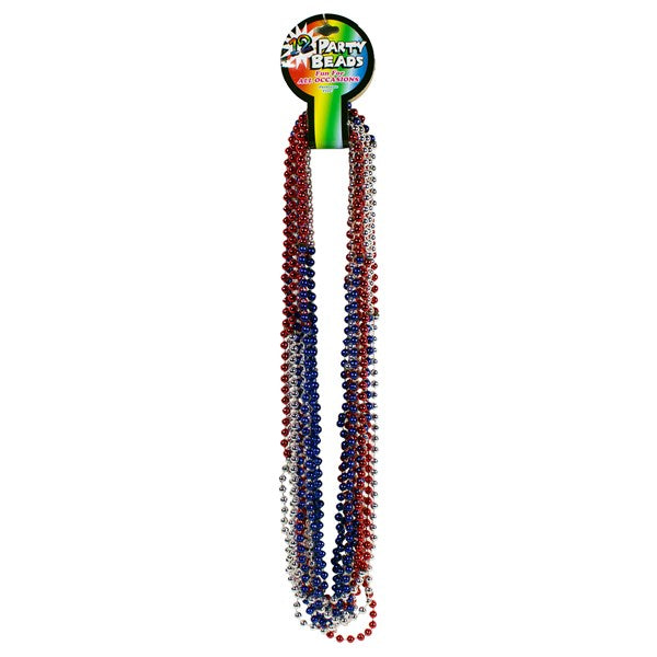 Red, Silver & Blue Bead 36 Inch Necklaces - Pack of 12