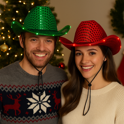 LED Light Up Flashing Sequin Green & Red Cowboy Hat - Pack of 2 Hats