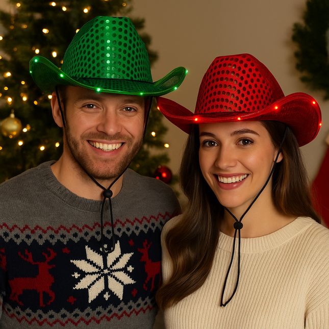 LED Light Up Flashing Sequin Green & Red Cowboy Hat - Pack of 2 Hats