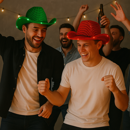 LED Light Up Flashing Sequin Green & Red Cowboy Hat - Pack of 2 Hats