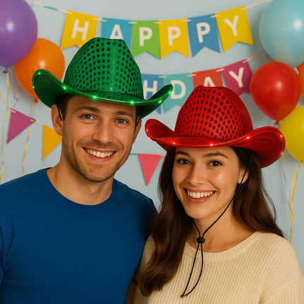 LED Light Up Flashing Sequin Green & Red Cowboy Hat - Pack of 2 Hats
