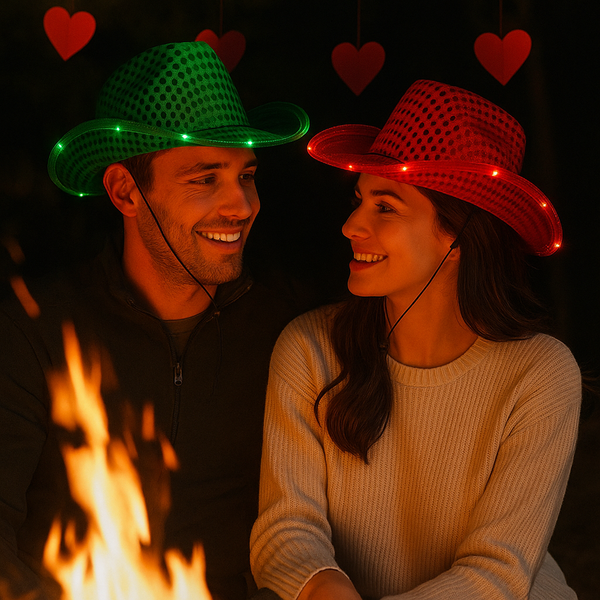 LED Light Up Flashing Sequin Green & Red Cowboy Hat - Pack of 2 Hats